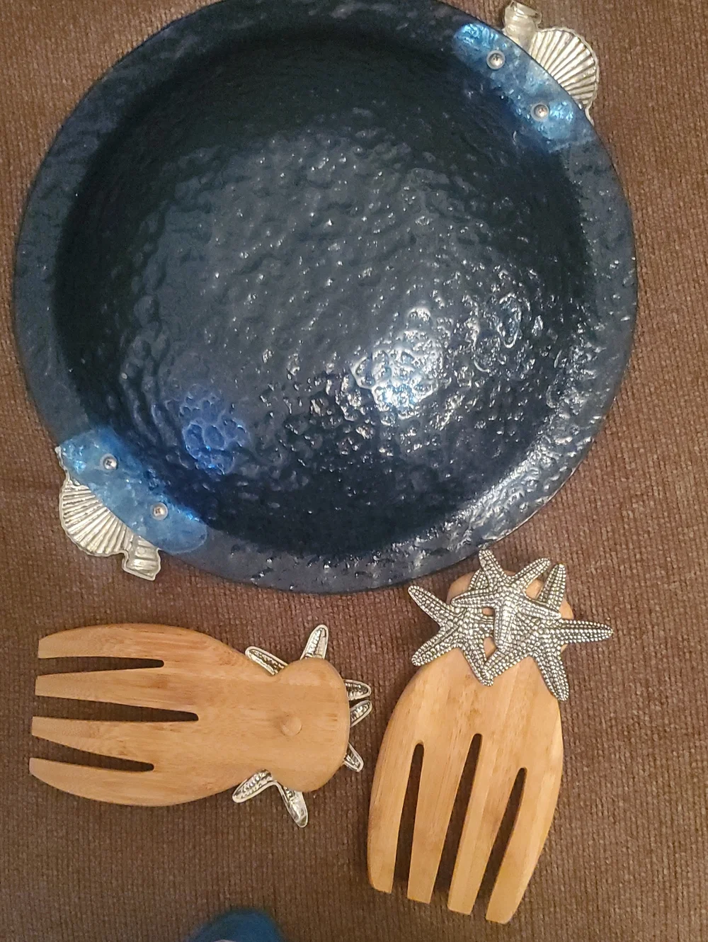Wooden Salad Hand Set with Silver Starfish Accents - Navy Bowl Included